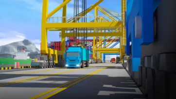 3D low-poly truck passing under yellow container gantry crane at port facility
