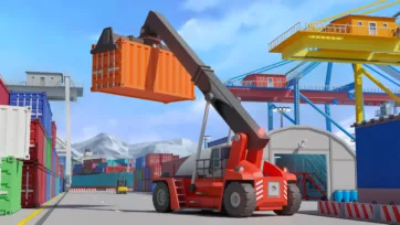 3D low-poly reach stacker handling orange shipping container at port terminal