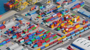 3D low-poly container yard with railway connections and logistics operations at port facility