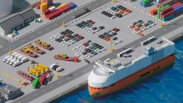 3D low-poly car carrier ship at port terminal with organized vehicle parking areas