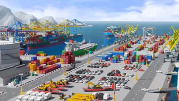 Busy 3D low-poly container port with parked cars, cargo ships, and shipping operations