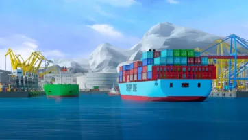 3D low-poly port harbor scene with container ships and mountain landscape background