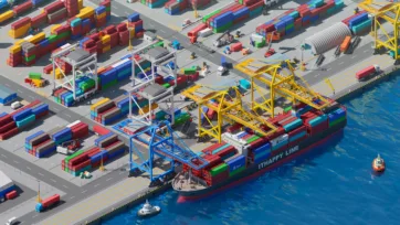 3D low-poly container ship being loaded by port cranes with colorful shipping containers at maritime terminal