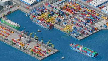 Aerial view of 3D low-poly container port terminal with cargo ships, shipping containers, and crane operations