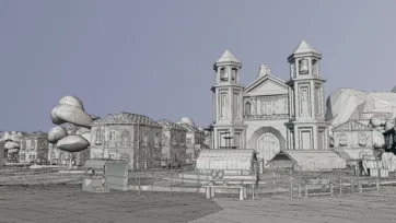 Wireframe technical view of colonial pirate town with twin-tower church, market stalls, buildings, and detailed mesh topology