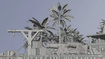 Technical wireframe view of pirate fort with cannons, palm trees, wooden structures, and detailed polygon mesh construction