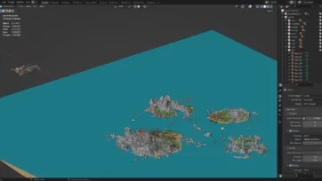 Blender 3D software interface displaying pirate island chain with settlements, render settings panel, and professional modeling environment