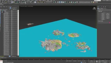3ds Max viewport showing pirate island archipelago in development with detailed asset list and professional 3D modeling workspace