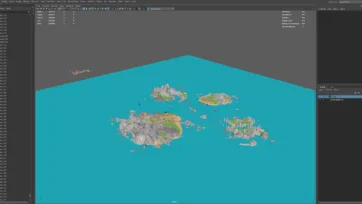Maya 3D software viewport displaying pirate island chain with settlements, detailed object hierarchy, and professional modeling interface