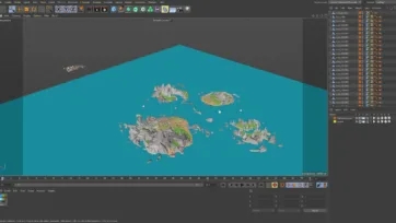 Cinema 4D viewport showing low poly pirate island archipelago with settlements, rocky formations, and sailing vessels in development