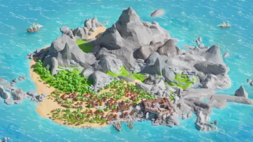 Epic aerial view of massive pirate island with extensive town settlement, rocky mountains, sailing ships, and crystal blue ocean waters