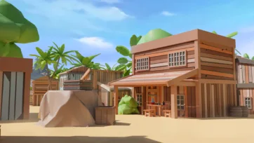 Rustic wooden frontier pirate buildings with saloons, general stores, barrels, palm trees, and tropical island setting