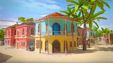 Picturesque colonial pirate street with multi-colored buildings, terracotta roofs, balconies, palm trees, and tropical atmosphere