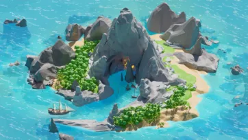 Mysterious pirate island with dramatic rocky formations, glowing cave entrance, tropical vegetation, and sailing vessels