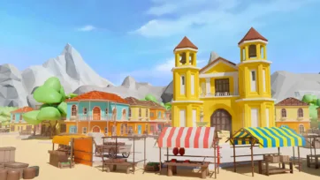 Vibrant colonial pirate town with yellow twin-tower church, colorful buildings, market stalls, and mountain scenery