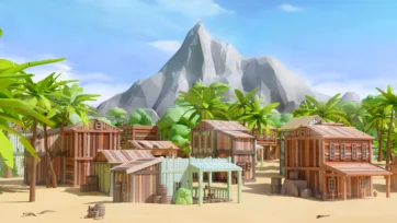 Frontier-style pirate settlement with wooden buildings, saloons, general stores, palm trees, and dramatic mountain backdrop