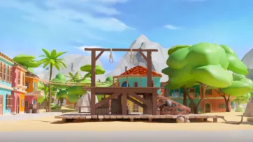 Colonial pirate town execution platform with wooden gallows, colorful buildings, palm trees, and mountain landscape backdrop