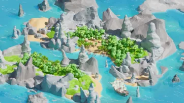 Dramatic rocky pirate island with hidden coves, lush vegetation, small settlements, sailing ship, and crystal blue waters