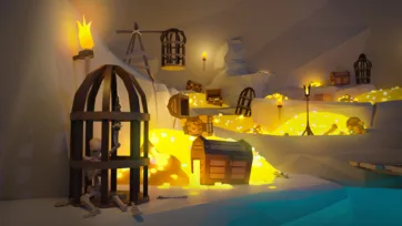 Mysterious underground pirate treasure cave with glowing gold piles, wooden cages, torches, and atmospheric lighting effects