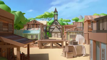 Western pirate town square with wooden gallows, church bell tower, frontier buildings, crates, and tropical vegetation backdrop