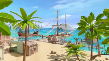 Bustling tropical pirate harbor with multiple sailing ships, wooden docks, palm trees, barrels, and turquoise waters under blue sky