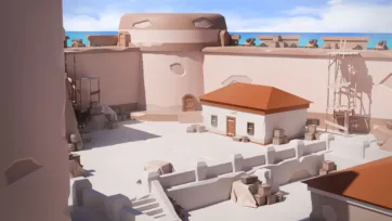 Interior view of pirate fortress courtyard with defensive walls, cannons, orange-roofed buildings, and ocean horizon