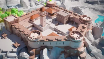 Massive mountain fortress with circular towers, courtyards, defensive walls, cannons, and Mediterranean-style architecture
