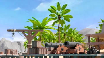 Coastal pirate fortification with multiple cannons, wooden gallows, palm trees, crates, and mountain backdrop