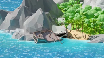 Dramatic shipwreck scene with broken vessel against rocky coastline, palm trees, and pristine tropical beach setting