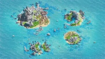 Aerial view of multiple pirate islands with rocky formations, small settlements, sailing ships, and turquoise ocean waters