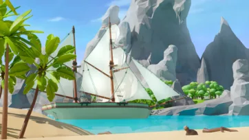 White-sailed pirate vessel in secluded tropical cove with dramatic rocky cliffs, palm trees, and crystal blue waters