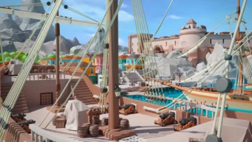 On-deck view of pirate ship with cannons, barrels, rigging, overlooking colorful port town and fortress walls