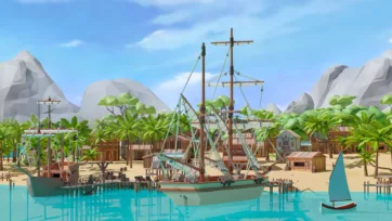 Bustling tropical pirate harbor with large sailing vessel, wooden docks, palm trees, colonial buildings, and rocky mountain landscape
