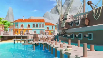 Pirate ship deck perspective with cannons, rigging, wooden planks, colorful colonial harbor buildings, and mountain backdrop