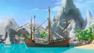 Detailed pirate sailing ship with full rigging anchored in rocky cove surrounded by gray cliffs, wooden docks, and tropical vegetation
