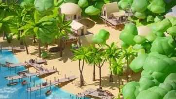 Hidden jungle pirate outpost with wooden buildings, watchtowers, docks, small boats, palm trees, and dense tropical foliage