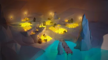 Underground pirate treasure cave with glowing gold piles, wooden walkways, lanterns, cages, and mysterious illuminated chambers