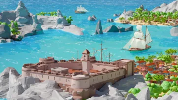 Fortified pirate island with stone fortress, bell tower, sailing ships in blue waters, rocky outcrops, and colorful coastal buildings