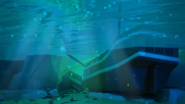 Atmospheric underwater scene with sunken pirate ship wreck on ocean floor, blue-green lighting, and mysterious deep sea environment