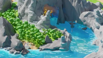 Secret pirate cove with cave entrance, hidden lagoon, sailing ships, glowing lights inside caverns, and lush tropical vegetation