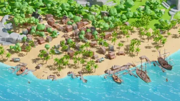 Sprawling tropical pirate settlement with wooden buildings, palm trees, sailing ships, docks, and extensive beach coastline