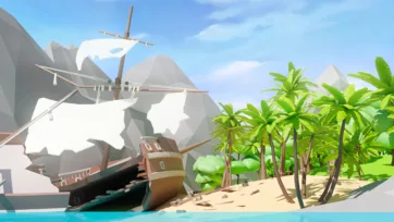 Dramatic shipwreck scene on tropical beach with crashed sailing vessel, palm trees, rocky cliffs, and pristine blue ocean waters