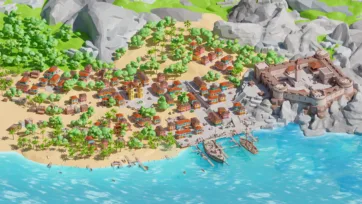 Large coastal pirate settlement with extensive town, fortress walls, sailing ships in harbor, rocky cliffs, and tropical island landscape