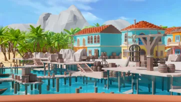 Mediterranean pirate port with wooden docks, colorful colonial buildings, sailing equipment, and turquoise harbor waters with mountain backdrop