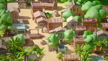Wild west frontier town with wooden buildings, saloons, general stores, and dusty streets surrounded by tropical vegetation and green foliage