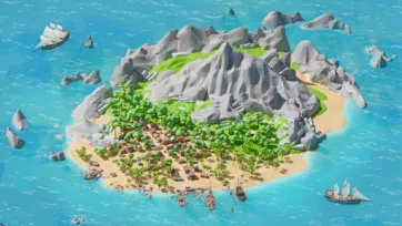 Aerial view of large pirate island with extensive settlement, rocky mountains, tropical beaches, and multiple sailing ships