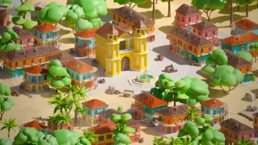 Central pirate town square with yellow church, colorful colonial houses, fountain, palm trees, and traditional Spanish architecture