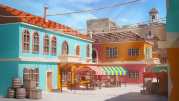 Colorful pirate town street with colonial buildings, market stalls, terracotta roofs, and Mediterranean coastal architecture