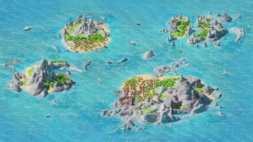 Pirate archipelago with multiple tropical islands, rocky outcrops, sailing ships, and scattered settlements in ocean waters