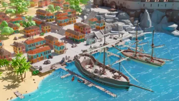 Bustling pirate harbor town with colorful buildings, large sailing ships, fortress walls, and busy maritime activity